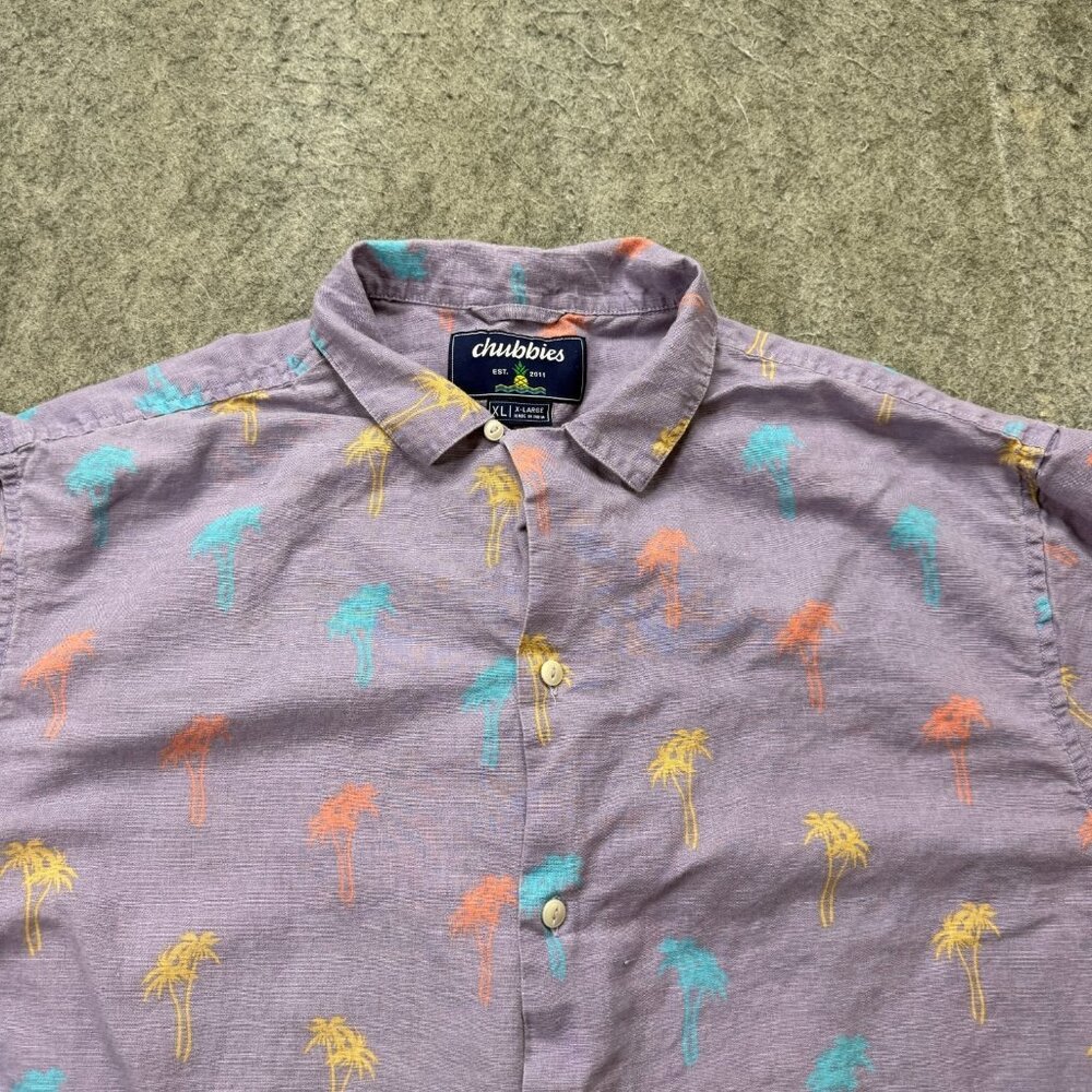Chubbies Linen Shirt Men XL Lavendar Purple Palm Tree Pattern Short Sleeve